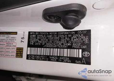 2007 Toyota Prius z USA, uszkodzony, nr VIN JTDKB20U877630061